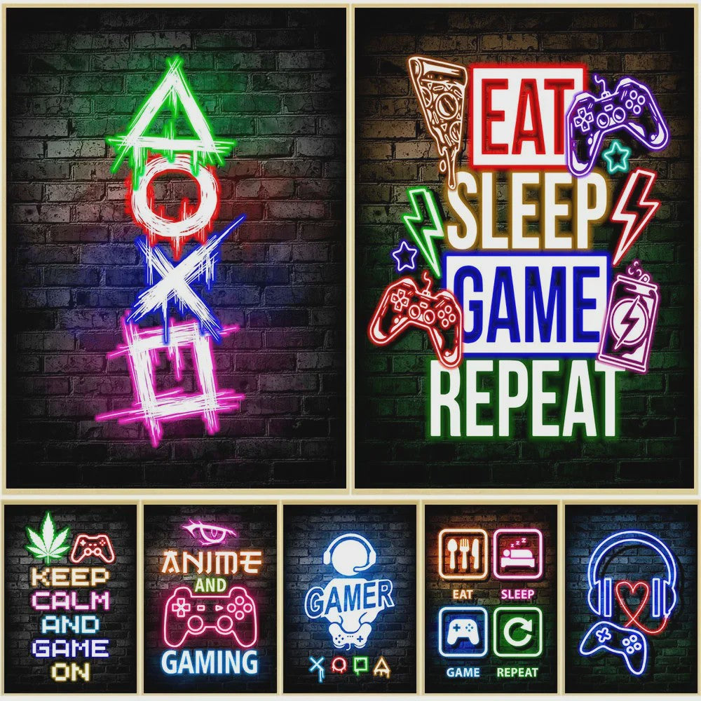 Gaming Neon Canvas Poster: Eat Sleep Game Repeat - Decoratie voor Gamer Kamer
