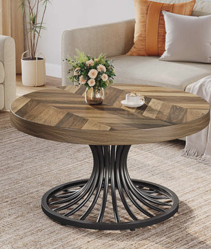 Ronde Salontafel 31" met Visgraatpatroon en Metalen Onderstel - Rustiek Bruin