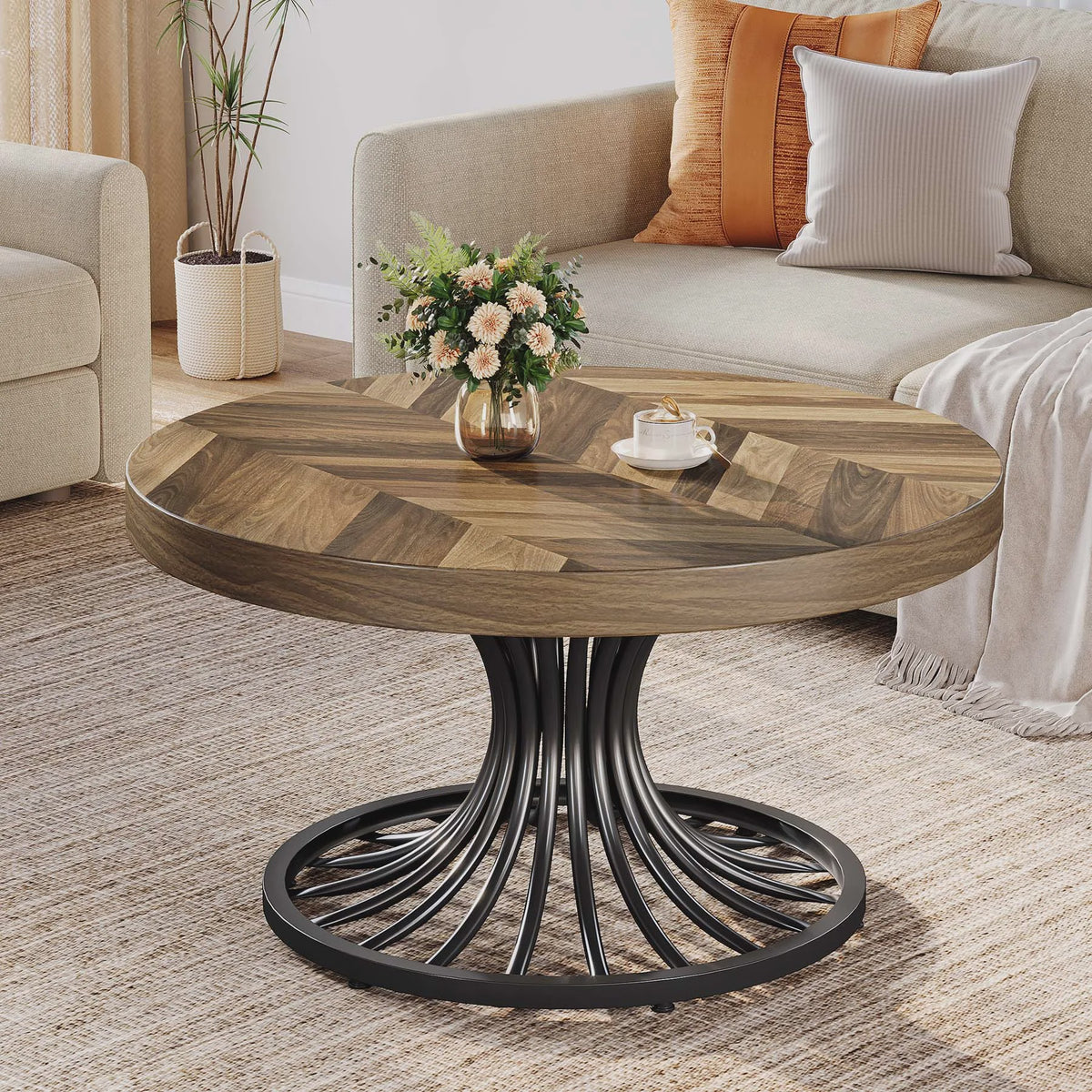 Ronde Salontafel 31" met Visgraatpatroon en Metalen Onderstel - Rustiek Bruin