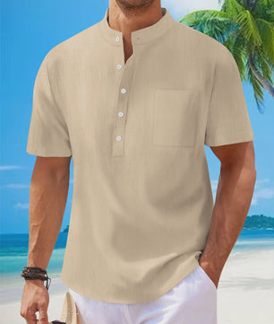Herenshirt met Opstaande Kraag en Korte Mouwen - Katoen Linnen Mix - Casual Henley Stijl