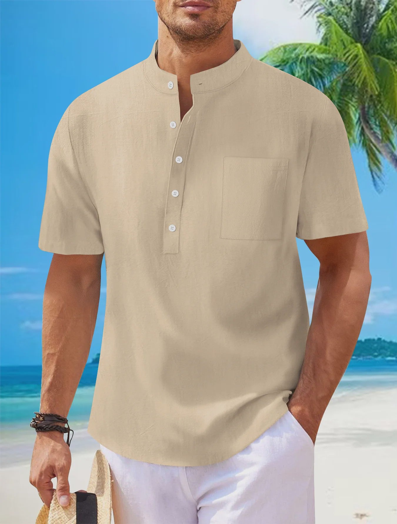 Herenshirt met Opstaande Kraag en Korte Mouwen - Katoen Linnen Mix - Casual Henley Stijl