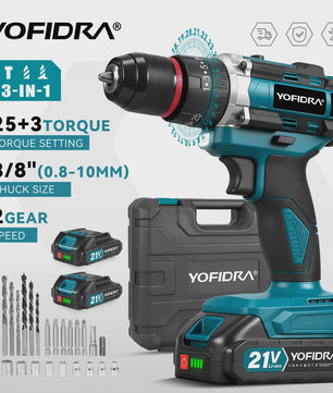 YOFIDRA 21V Accu Klopboormachine 3-in-1 met 25+3 Koppelinstellingen en LED Verlichting