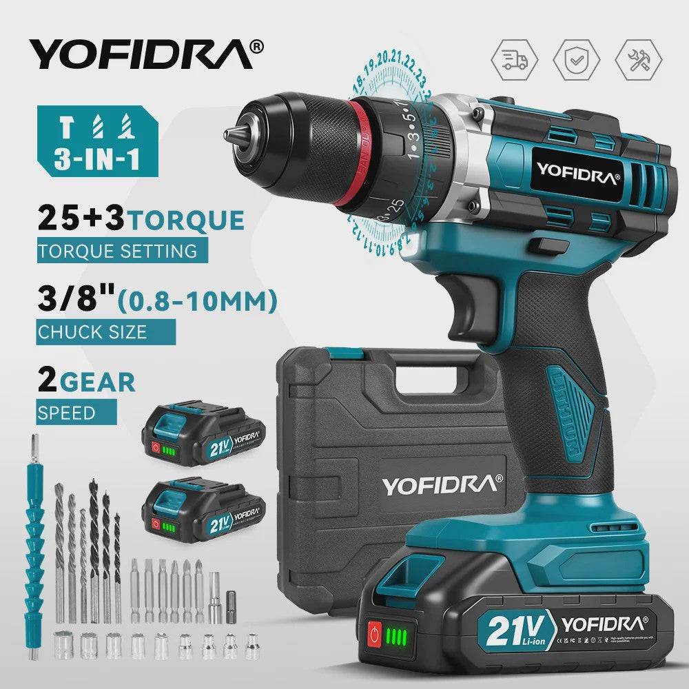 YOFIDRA 21V Accu Klopboormachine 3-in-1 met 25+3 Koppelinstellingen en LED Verlichting