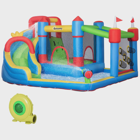 Outsunny Opblaasbaar Kasteel met Zwembad - 390x300x197 cm - Kleurrijk Plezier voor Kinderen