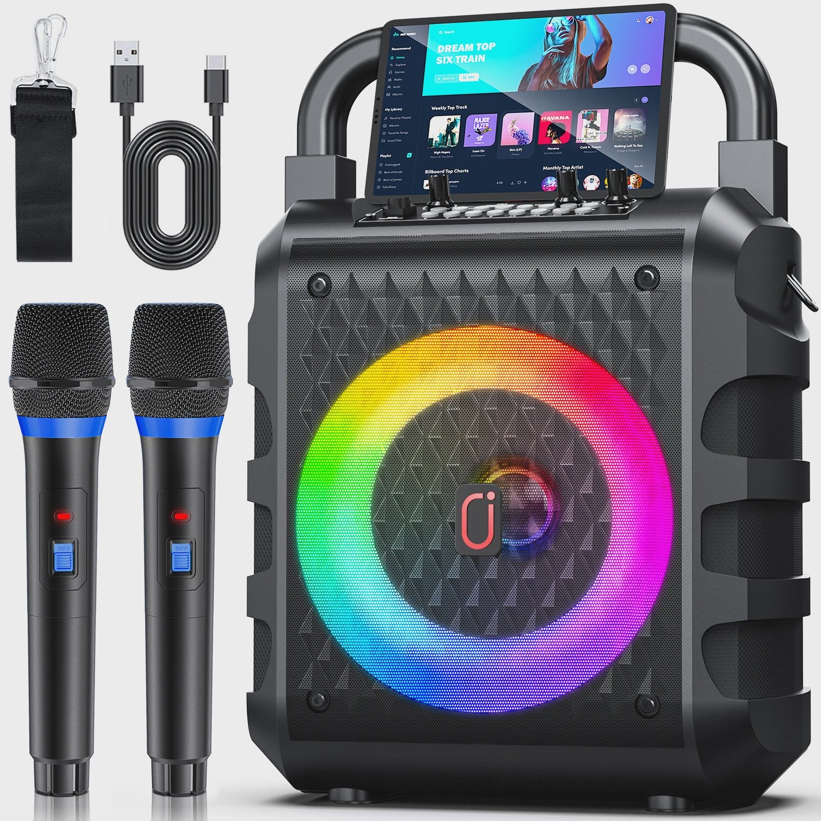 Draagbare Karaoke Speaker met Microfoon en LED Verlichting - Draadloze Bluetooth Geluidsbox
