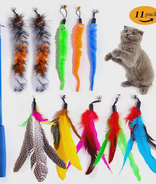 11-delige Katten Speelgoed Set met Veren en Intrekbare Hengel - Interactief Plezier voor Jouw Kat