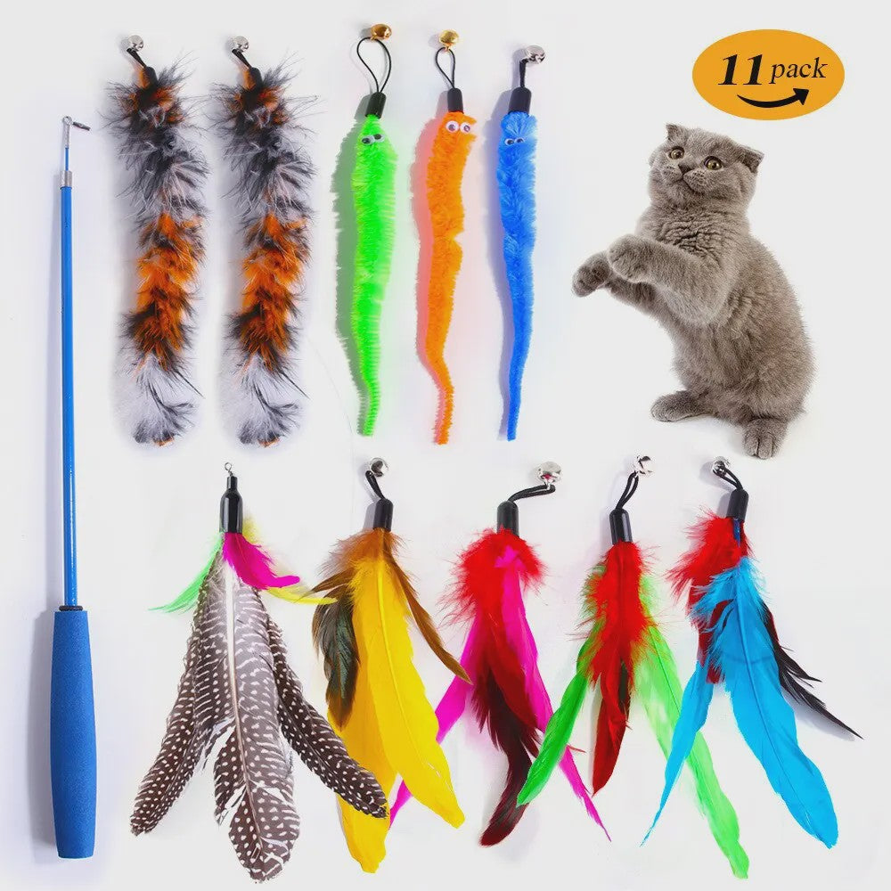 11-delige Katten Speelgoed Set met Veren en Intrekbare Hengel - Interactief Plezier voor Jouw Kat