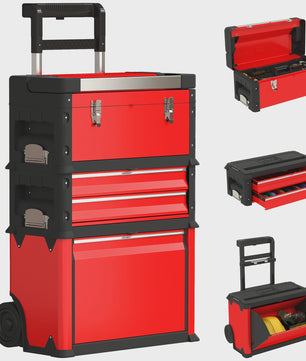 HOMCOM Set van 3 Stapelbare Gereedschapskisten op Wielen met Lade, Handgrepen en Slot - Rood