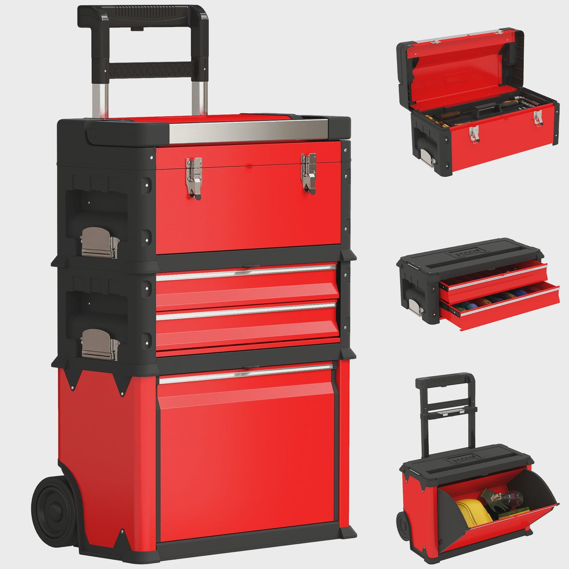 HOMCOM Set van 3 Stapelbare Gereedschapskisten op Wielen met Lade, Handgrepen en Slot - Rood