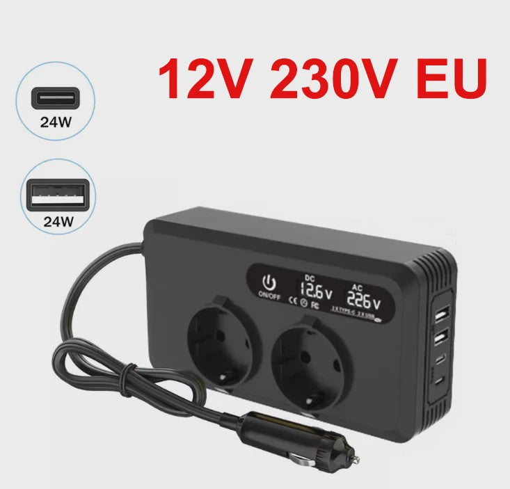 200W Auto Omvormer met 2x AC Stopcontact, 2x USB & 2x USB-C - Snel Laden