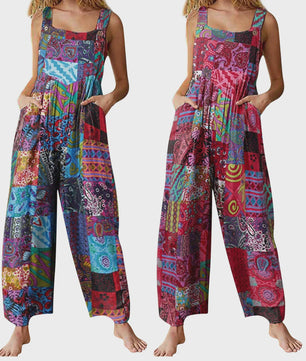 Zomerse Dames Jumpsuit met Etnische Print, Vierkante Hals en Zakken