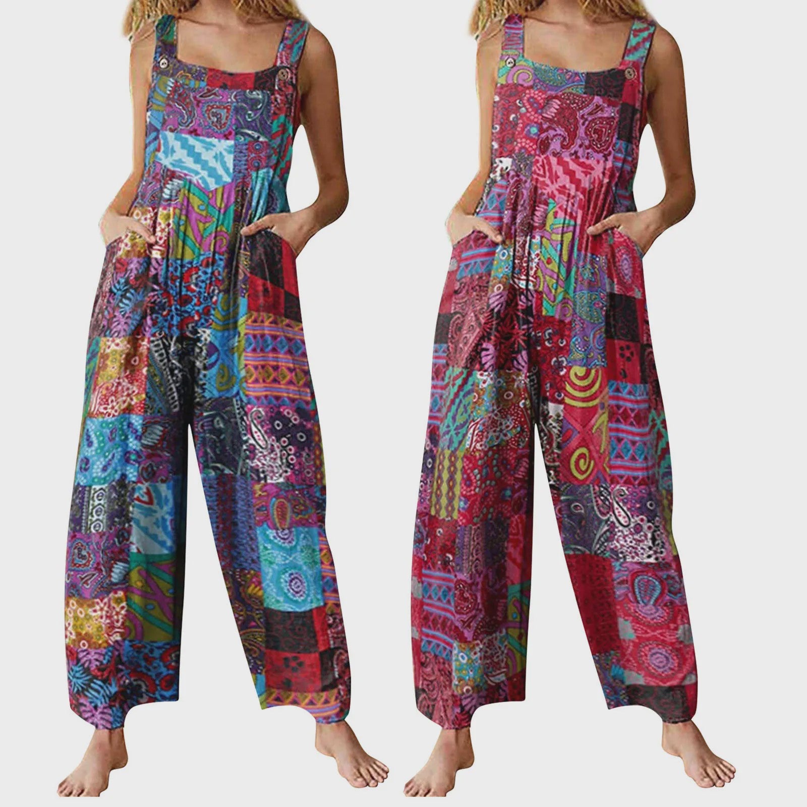 Zomerse Dames Jumpsuit met Etnische Print, Vierkante Hals en Zakken
