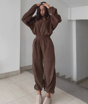 Dames Jumpsuit met Lange Mouwen en Elastische Taille - Casual & Elegant