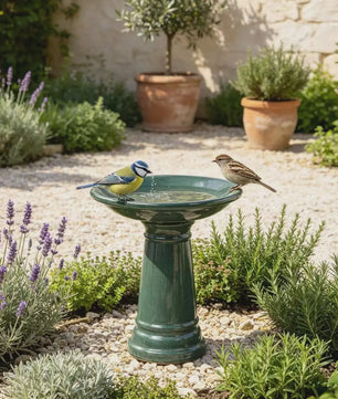 Handgemaakt Stenen Vogelbad Donkergroen Glanzend - Weerbestendig & Vorstbestendig voor Tuin, Terras, Balkon