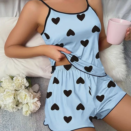 Dames Pyjama Set Hartjesprint - Comfortabele Ice Silk Loungewear