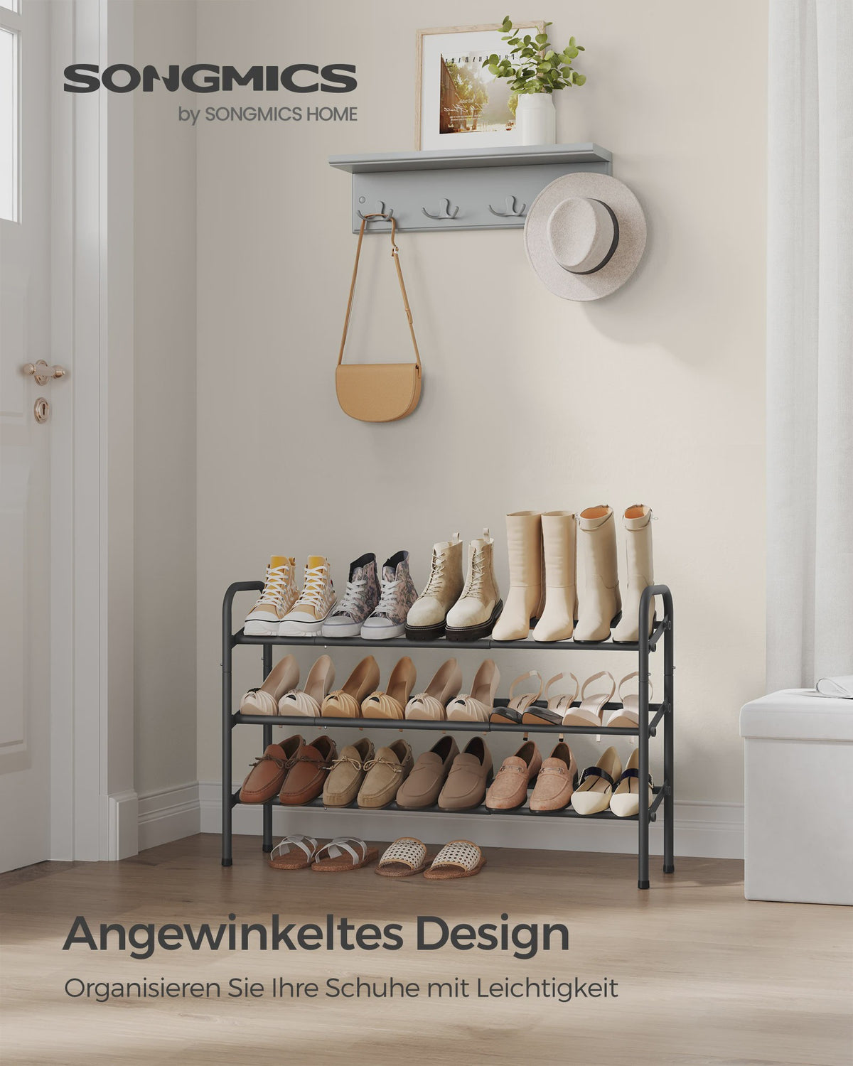 SONGMICS 3-laags Verstelbaar Schoenenrek - Metalen Vloerrek voor Hal & Garderobe