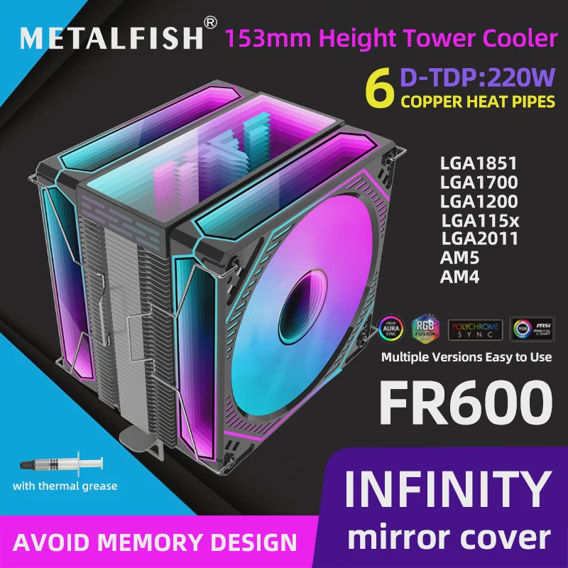 Metalfish FR600 CPU Air Cooler: 6 Heatpipes, ARGB PWM 12cm Fan, 153mm Hoogte