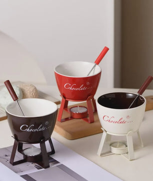 Keramische Chocolade Fondue Set - Smelt Chocolade, Kaas & IJs - Inclusief Vork - Perfect Valentijnscadeau