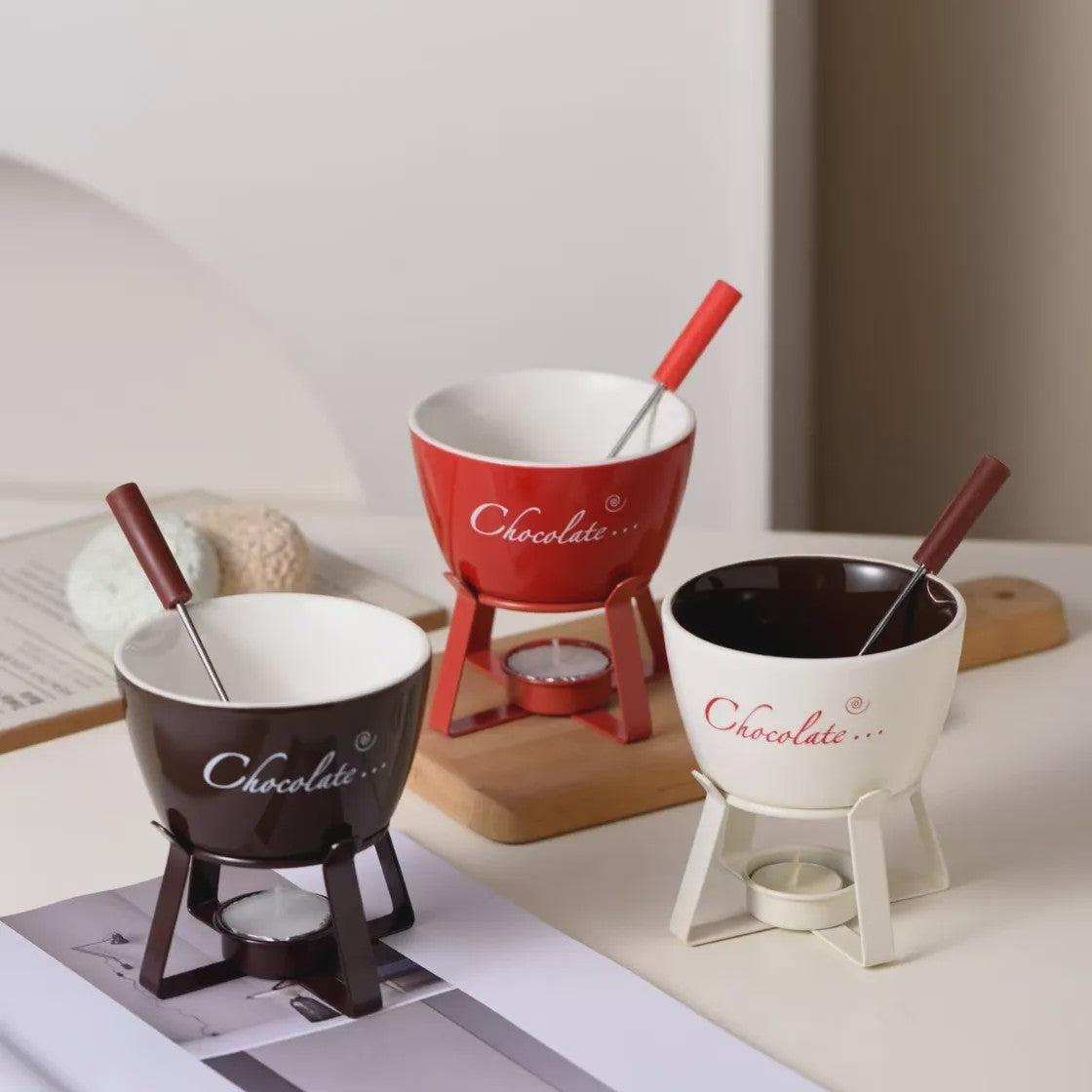 Keramische Chocolade Fondue Set - Smelt Chocolade, Kaas & IJs - Inclusief Vork - Perfect Valentijnscadeau
