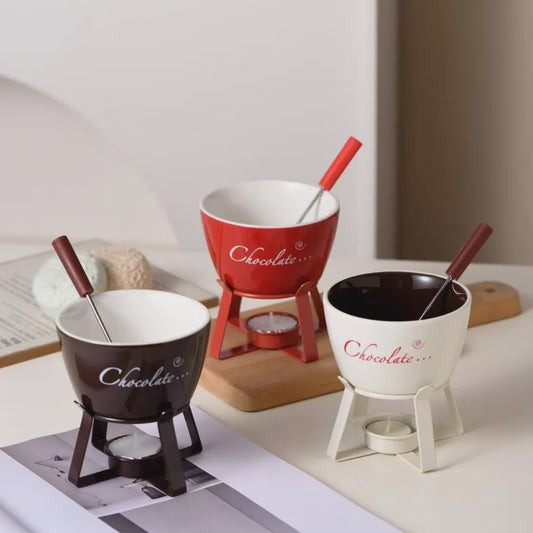 Keramische Chocolade Fondue Set - Smelt Chocolade, Kaas & IJs - Inclusief Vork - Perfect Valentijnscadeau