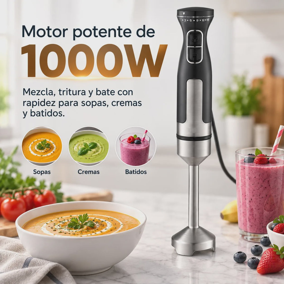Krachtige 1000W Handmixer met 15 Snelheden, Turbo & RVS Steel - Perfect voor Soepen, Sauzen en Smoothies. Ergonomisch & 95cm Snoer.