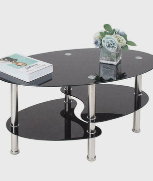 Ovale Glazen Koffietafel met 2 Niveaus - 90x50x45cm - Stijlvol en Modern