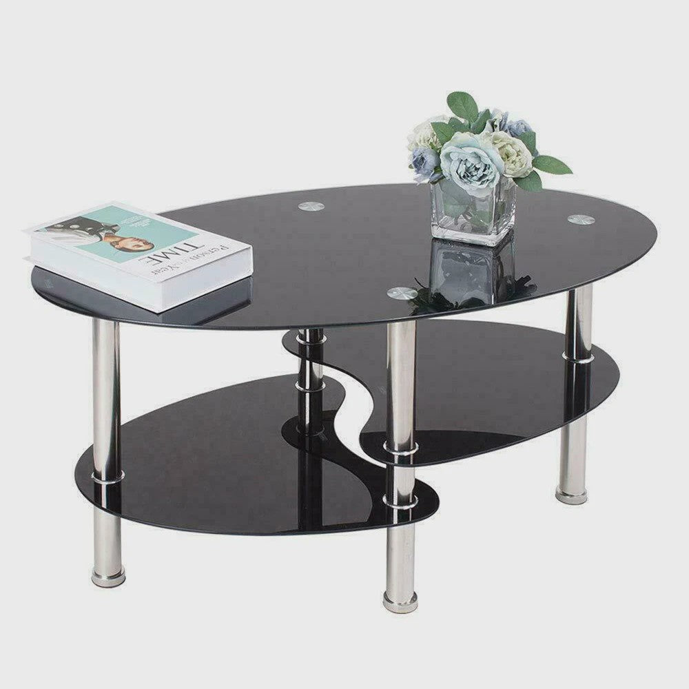 Ovale Glazen Koffietafel met 2 Niveaus - 90x50x45cm - Stijlvol en Modern