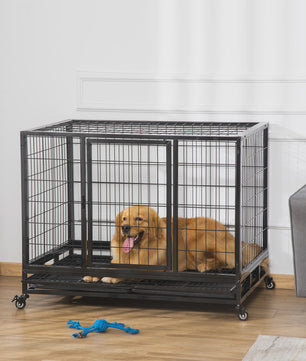 PawHut Metalen Hondenkennel met Wielen en Uitneembare Lade - 92x62x75cm