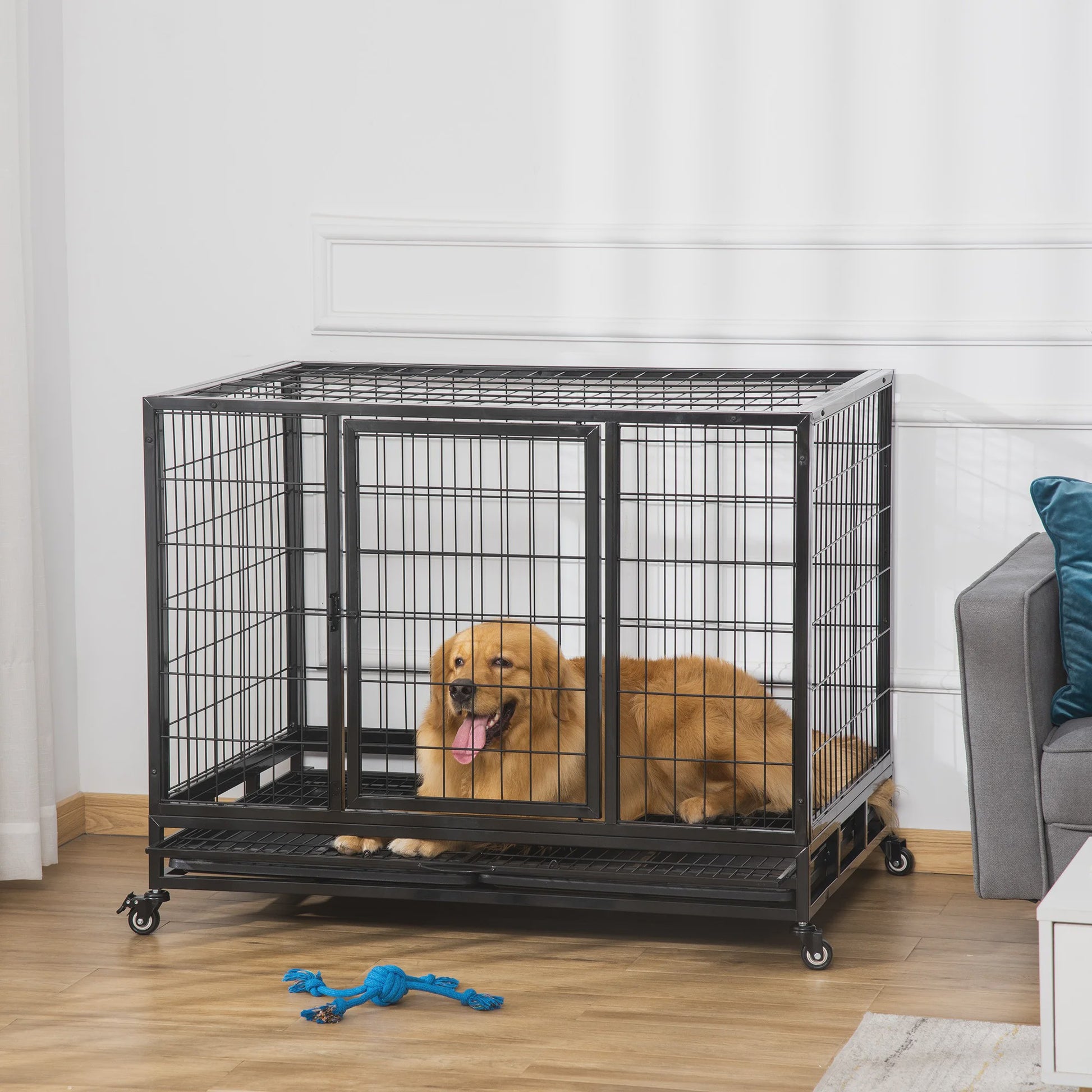 PawHut Metalen Hondenkennel met Wielen en Uitneembare Lade - 92x62x75cm