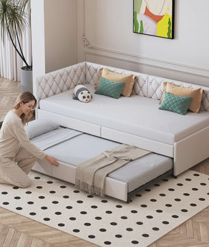 Velours Slaapbank Beige 90x200cm met Uitschuifbaar Ondermatras
