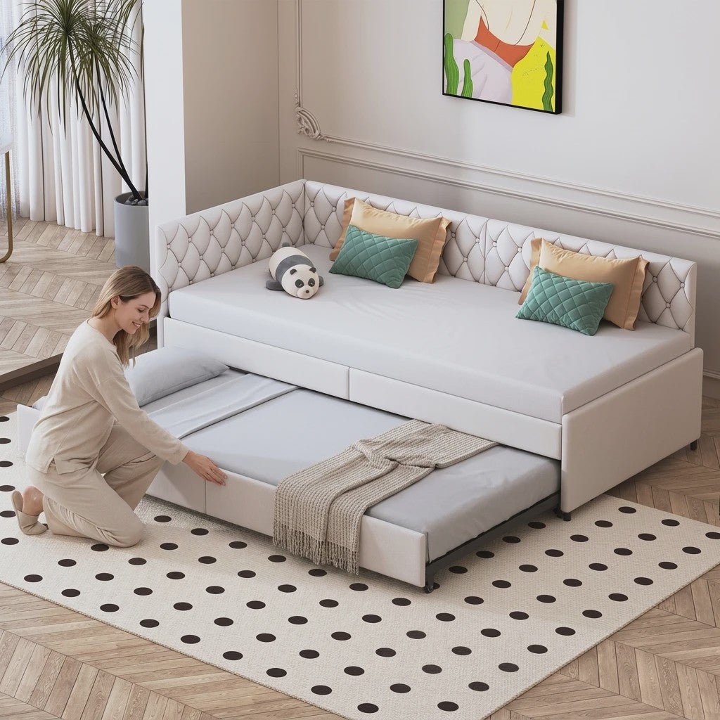 Velours Slaapbank Beige 90x200cm met Uitschuifbaar Ondermatras
