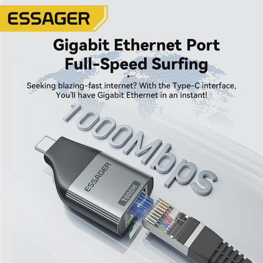 Essager Gigabit Type-C naar Ethernet Adapter 1000Mbps RJ45 Netwerkkaart