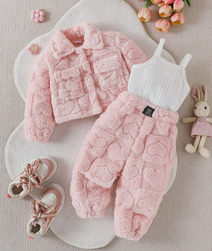 Schattige Baby Meisjes Set: Roze Pluche Jasje, Lange Broek & Top