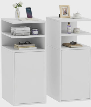 Set van 2 Witte Nachtkastjes met Deur en Open Vakken - Compact Slaapkamer Meubel 25x30x60 cm