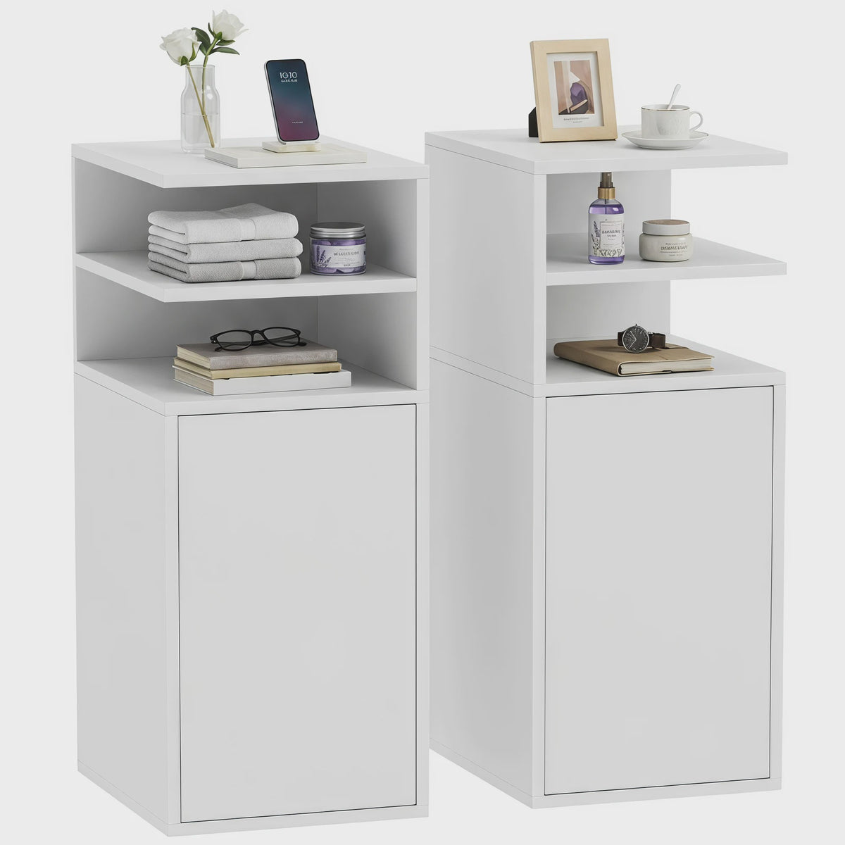 Set van 2 Witte Nachtkastjes met Deur en Open Vakken - Compact Slaapkamer Meubel 25x30x60 cm