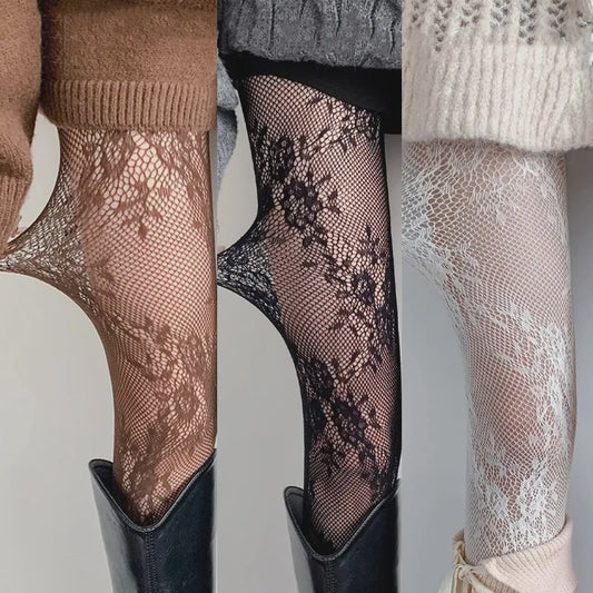 Luxe Kant & Mesh Pantyhose met Bloemendessin - Sexy & Modieus