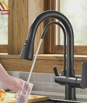 Mat Zwarte Keukenmengkraan met Uittrekbare Sproeikop & Waterfilter Functie - 360° Draaibaar