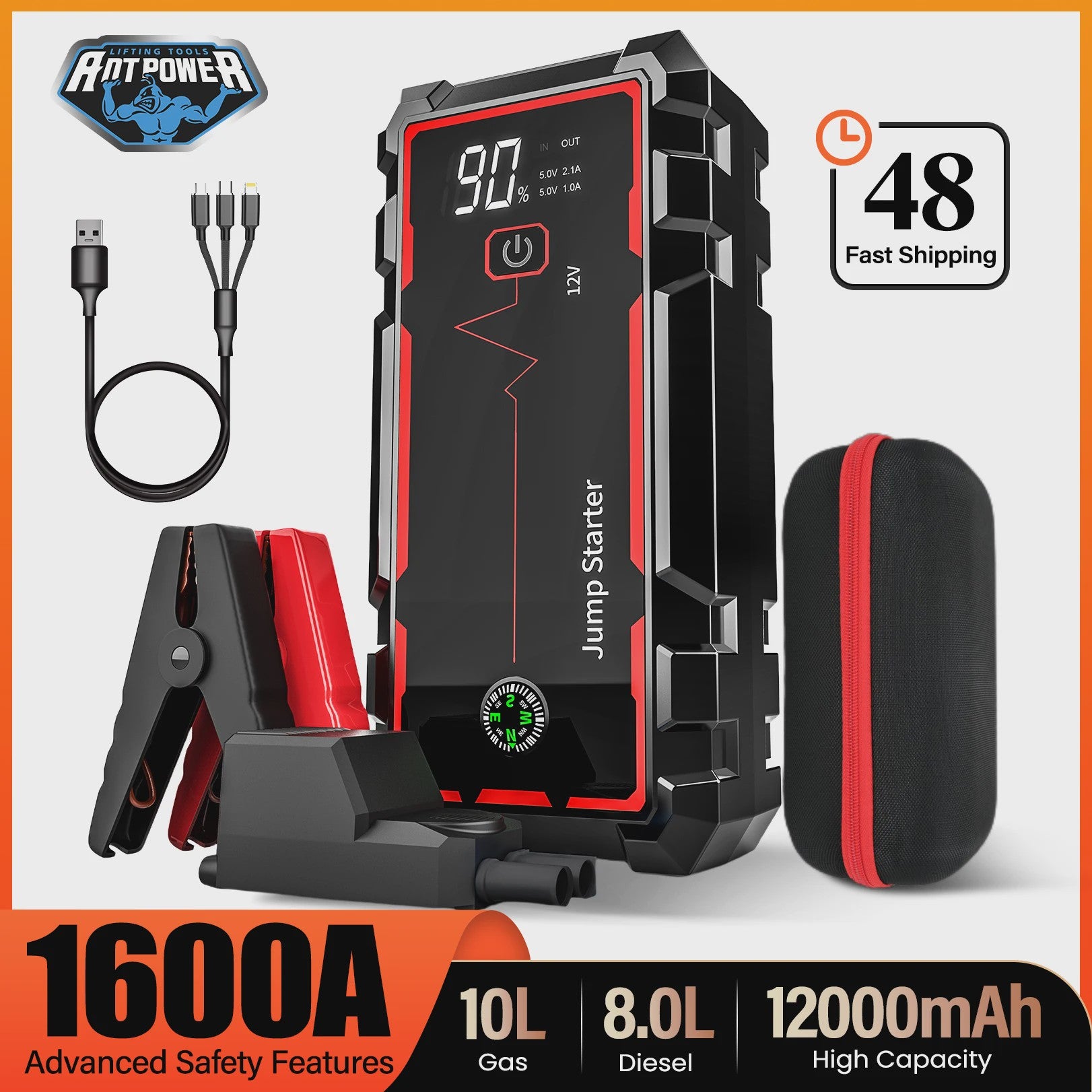 AntPower 12000mAh Jump Starter 1600A - Noodstroom & Powerbank voor 12V Voertuigen