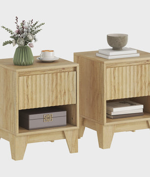 Set van 2 Smalle Nachtkastjes met Lade en Open Vak - Natuurlijk Hout-look met Gegroefde Panelen