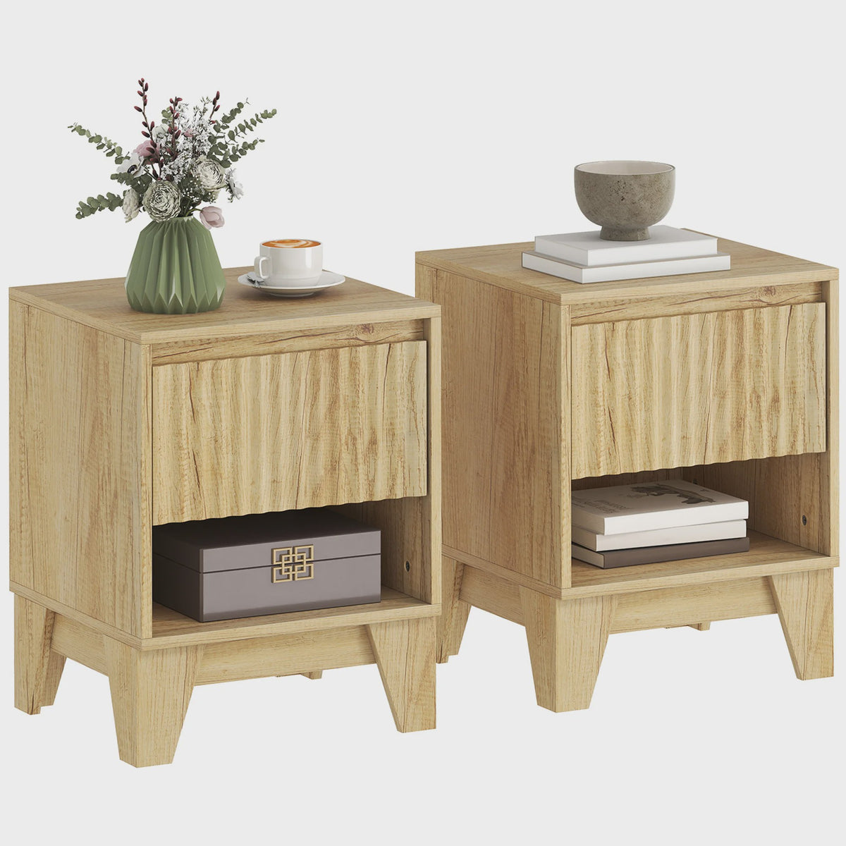 Set van 2 Smalle Nachtkastjes met Lade en Open Vak - Natuurlijk Hout-look met Gegroefde Panelen