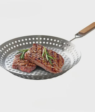 Ronde BBQ Grill Pan met Houten Handvat - Draagbaar & Duurzaam voor Buiten