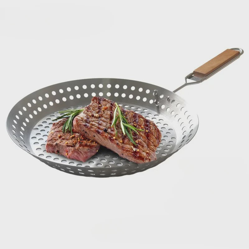 Ronde BBQ Grill Pan met Houten Handvat - Draagbaar & Duurzaam voor Buiten