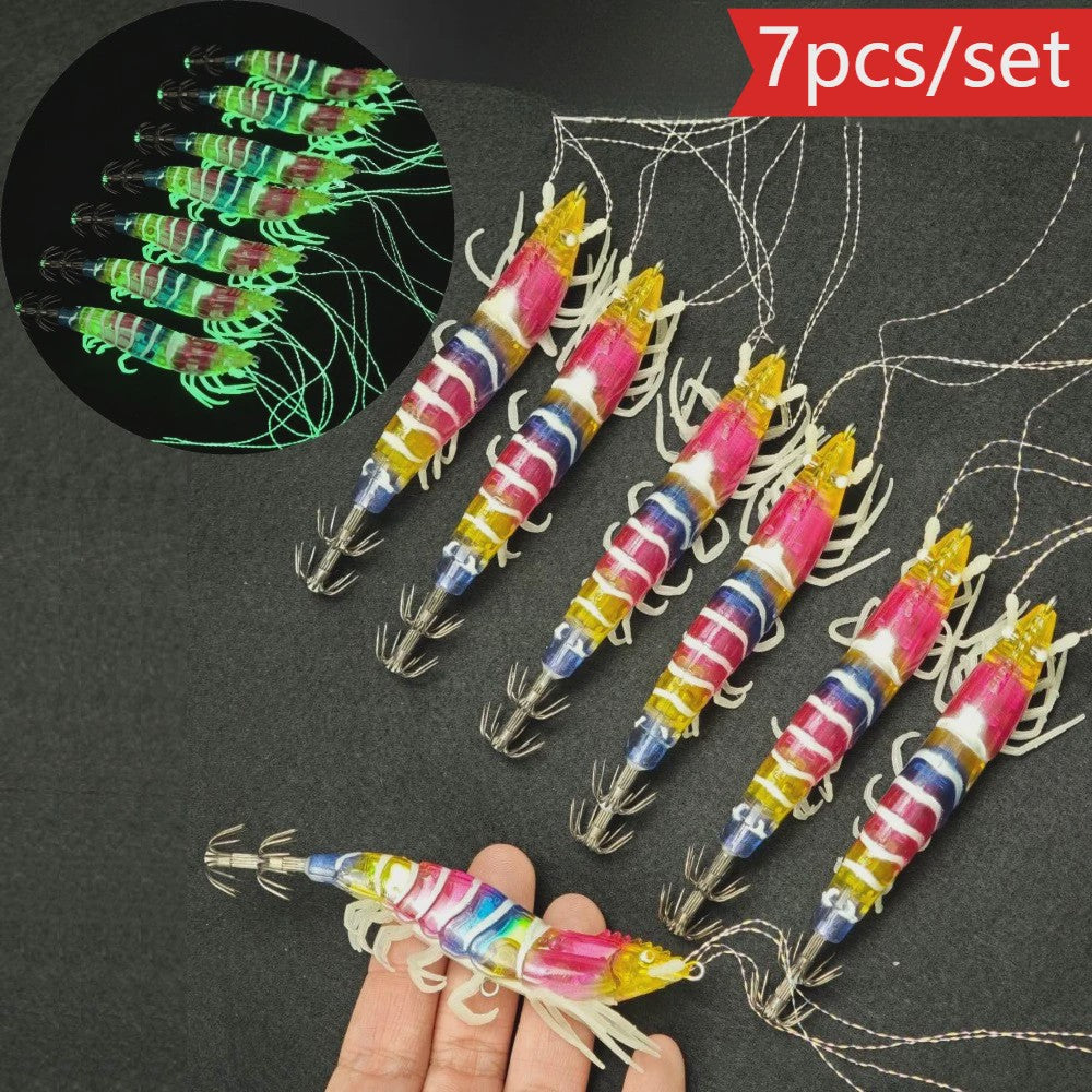 Set van 7 Lichtgevende Vissen Lokaas Garnalen - Perfect voor Zeebaars & Inktvis Vangst