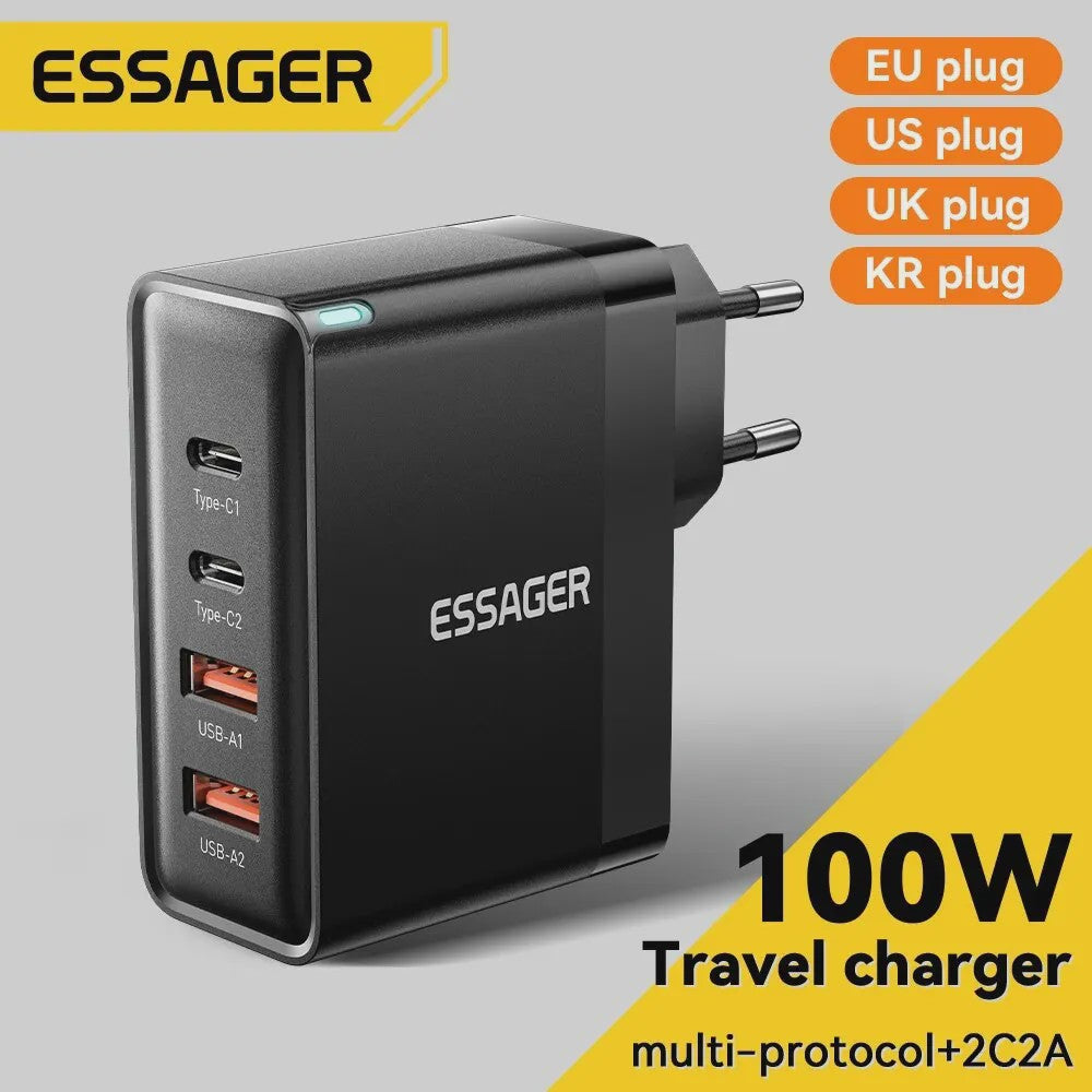 Essager 100W GaN Snellader USB-C PD QC 4.0 3.0 voor iPhone, Xiaomi, Macbook