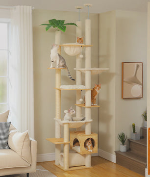 Verstelbare Kattenboom met Grote Hangmat, Krabpalen & Kattenhuis - Vloer tot Plafond