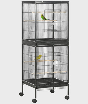 Ruime Tweelaagse Vogelkooi met Wielen en Uitneembare Trays - Blauw