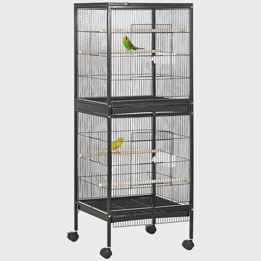 Ruime Tweelaagse Vogelkooi met Wielen en Uitneembare Trays - Blauw