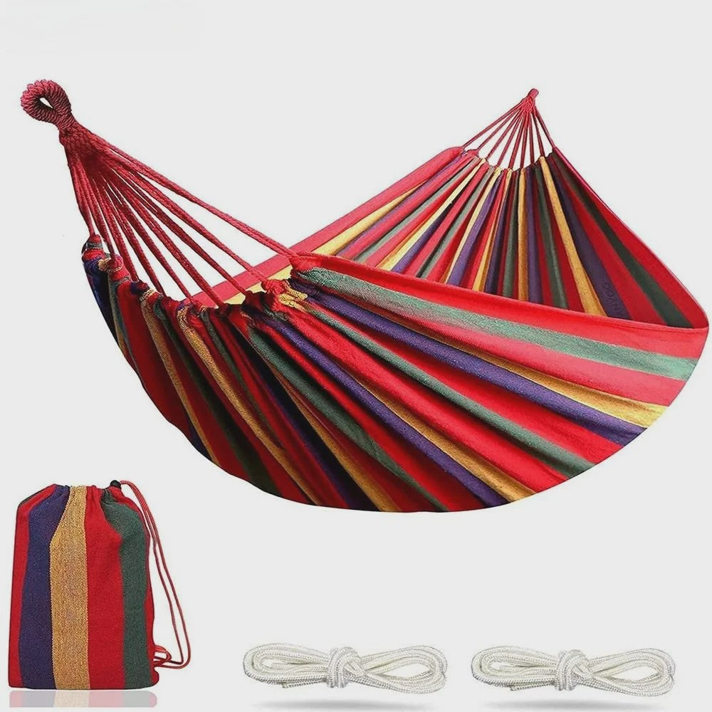 Dubbele Hangmat van Canvas Katoen voor 2 Personen met Ophangbanden - Rood/Blauw Gestreept