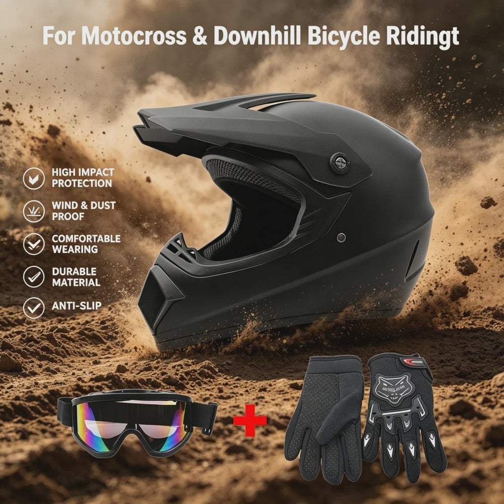 Volledig Gelaats Integraalhelm voor Motocross, ATV & Downhill Fietsen - Inclusief Goggles en Handschoenen