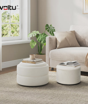 Set van 2 Witte Fluweel Zachte Ottomans met Verborgen Opbergruimte en Stapelbaar Design